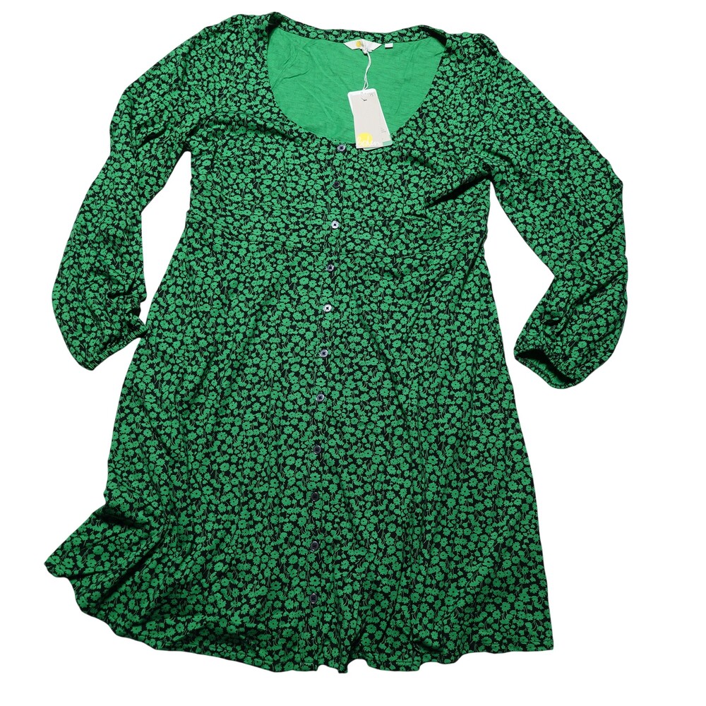 Boden Dress Womens 12 Green Floral Jersey Fit & Flare Button Front Long Sleeve